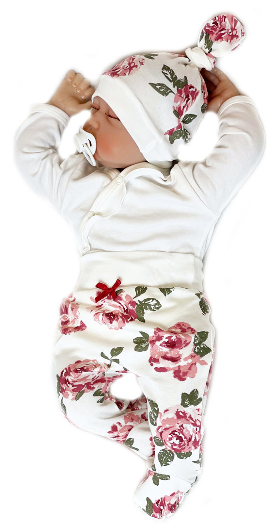 Baby Mädchen Set: Wickelbody, Hose mit Fuß und Mütze mit Knoten "Roses"