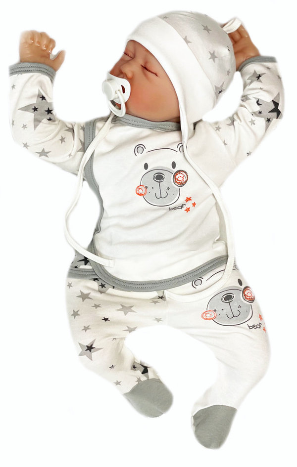 Baby Set: Langarm Shirt, Hose mit Fuß und Mütze "Stars & Bears"