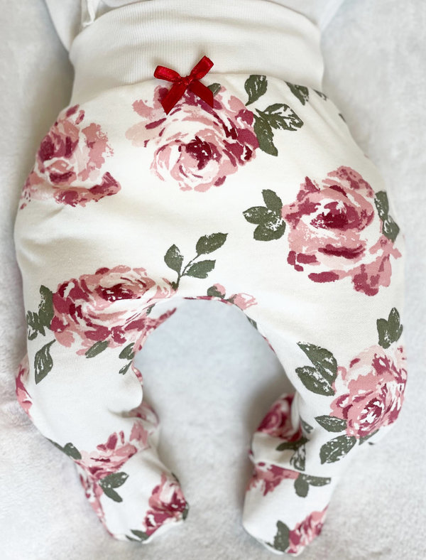 Baby Mädchen Set: Langarm Wickelbody, Hose mit Füßchen und Stirnband "Roses"