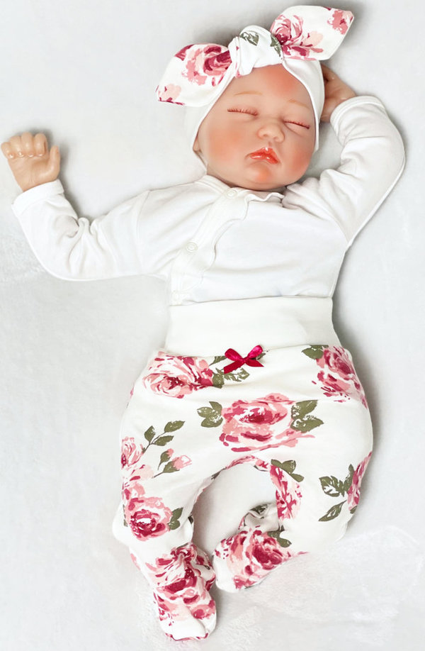 Baby Mädchen Set: Langarm Wickelbody, Hose mit Füßchen und Stirnband "Roses"