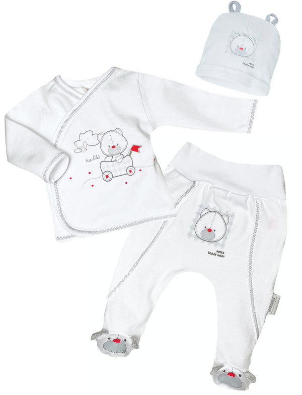 Baby Set. Langarm Shirt, Hose mit Fuß und Mütze "Organic White"