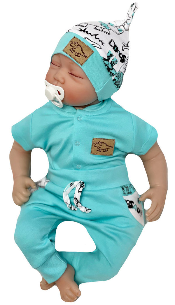 Baby Set: Kurzarm Body, Hose und Mütze mit Knoten "Dino"